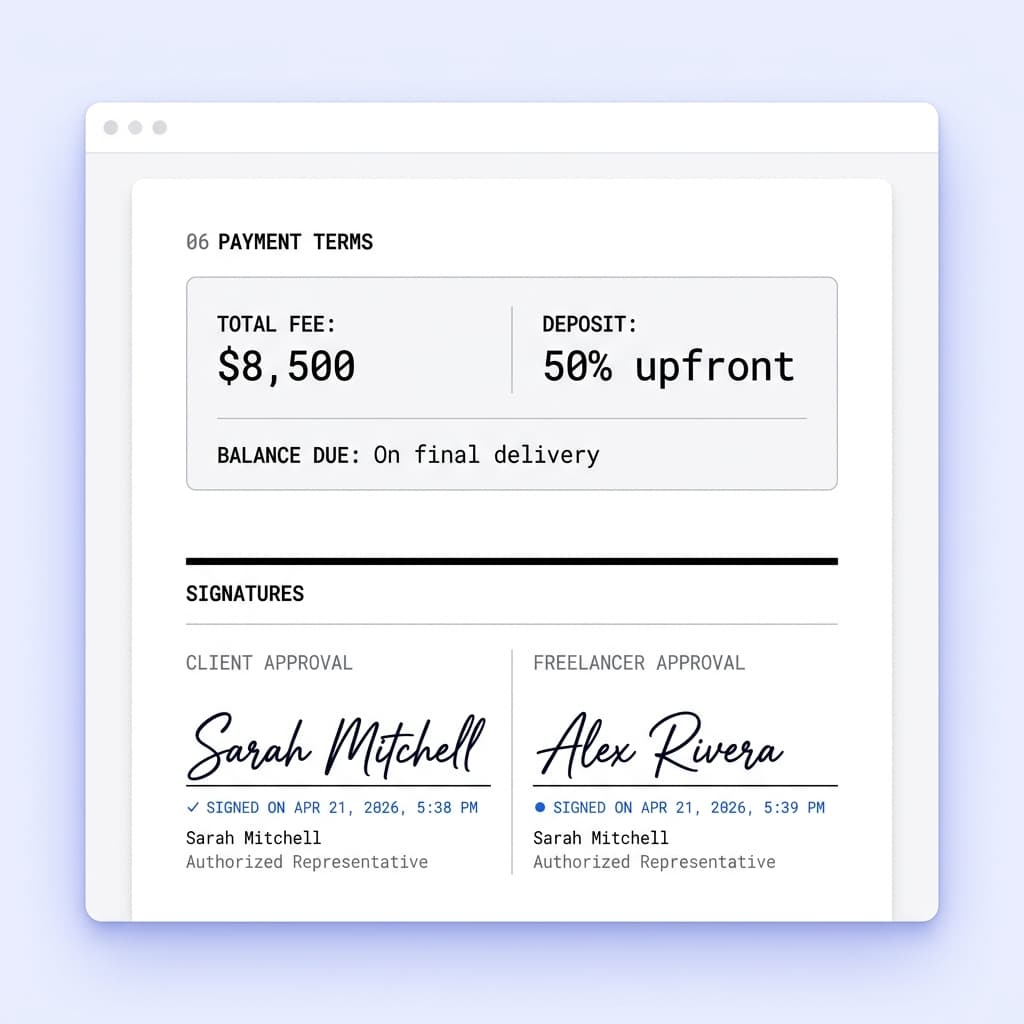 A fully signed Scope of Work showing client and freelancer signatures with timestamps
